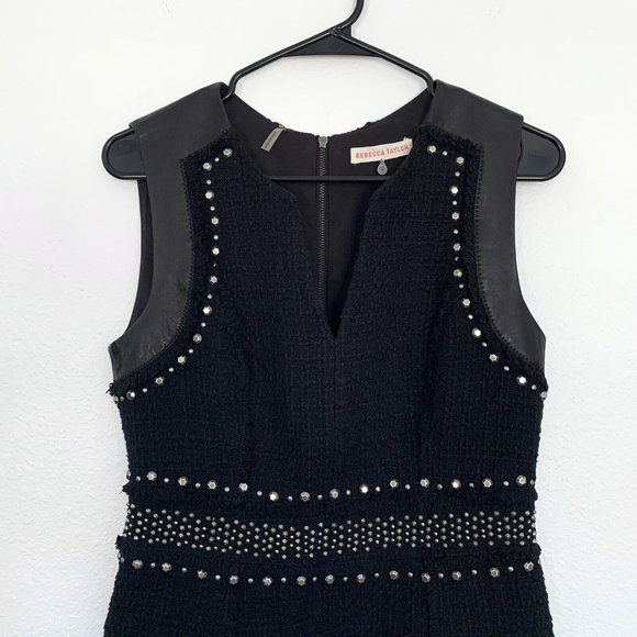 Rebecca Taylor Dress Black Tweed Studded Sleeveless Lamb Leather Fray - Picture 5 of 12